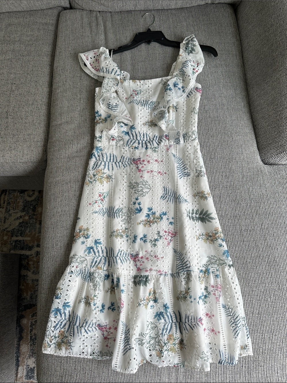 Chelsea28 White Eyelet Midi Dress with Blue and Pink Floral Print
